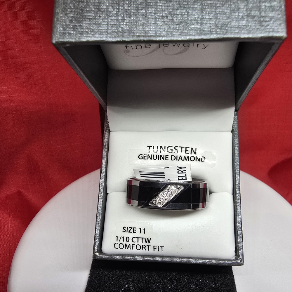 Tungsten Diamond Ring – Black & Silver Two‑Tone – Men’s Heavyweight Band – NWT